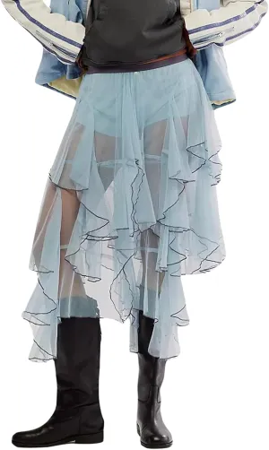 Women Y2k Lace Maxi Skirt High Waist See Through Ruffle Slip Long Skirts Layered Flowy Summer Beach Skirts