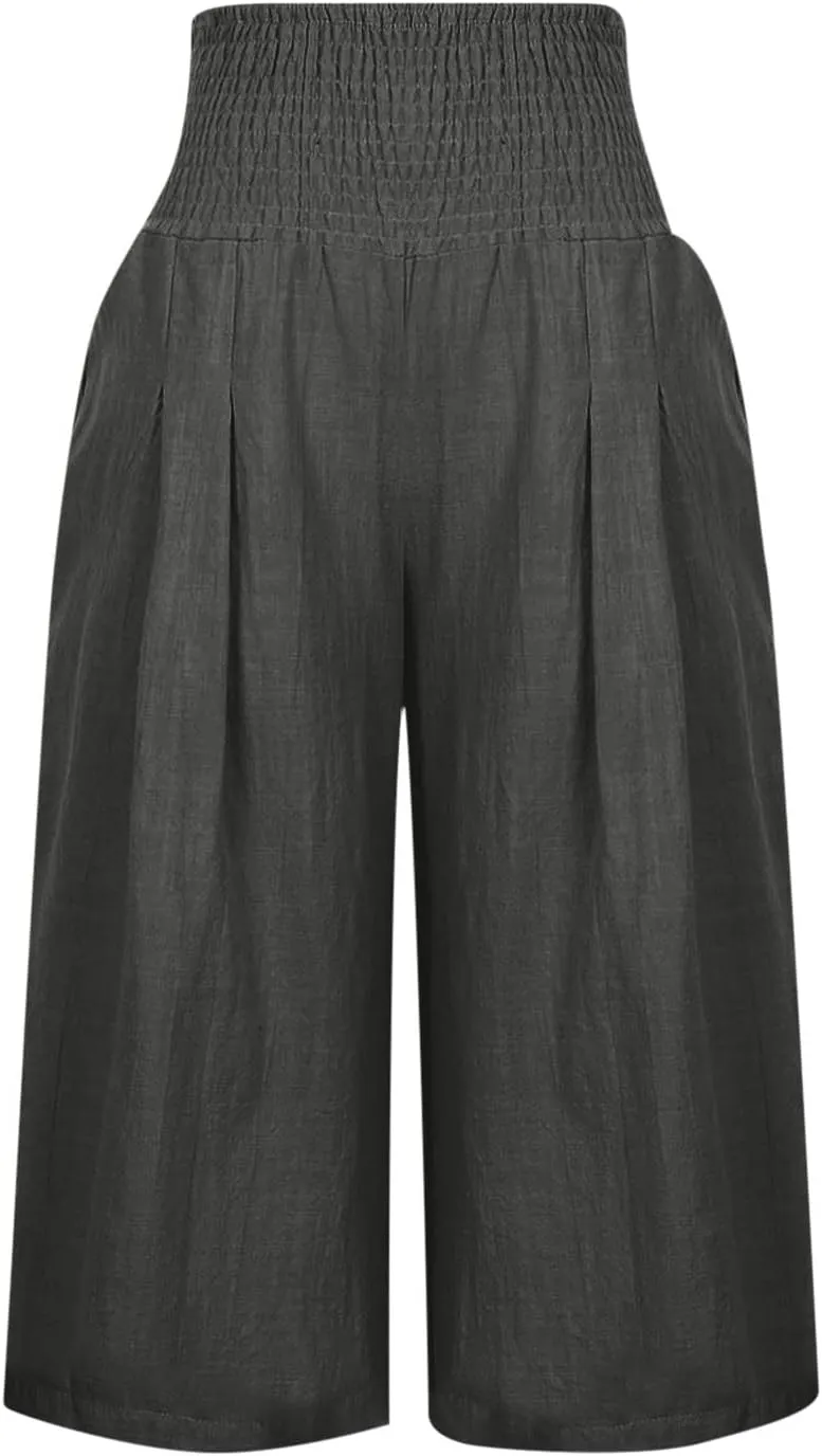 Women's Black Linen Capri Pants, Plus Size Summer Clothes, Palazzo Pants for Women