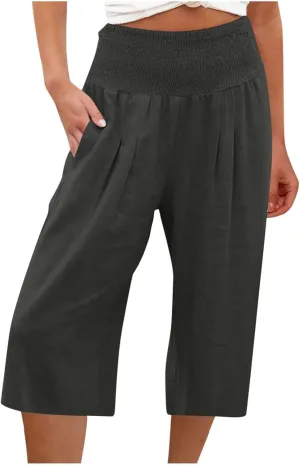 Women's Black Linen Capri Pants, Plus Size Summer Clothes, Palazzo Pants for Women