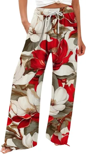 Womens Boho Wide Leg Pants High Waist Summer Casual Loose Fit Palazzo Trousers Floral Beach Vacation Clothes 2025