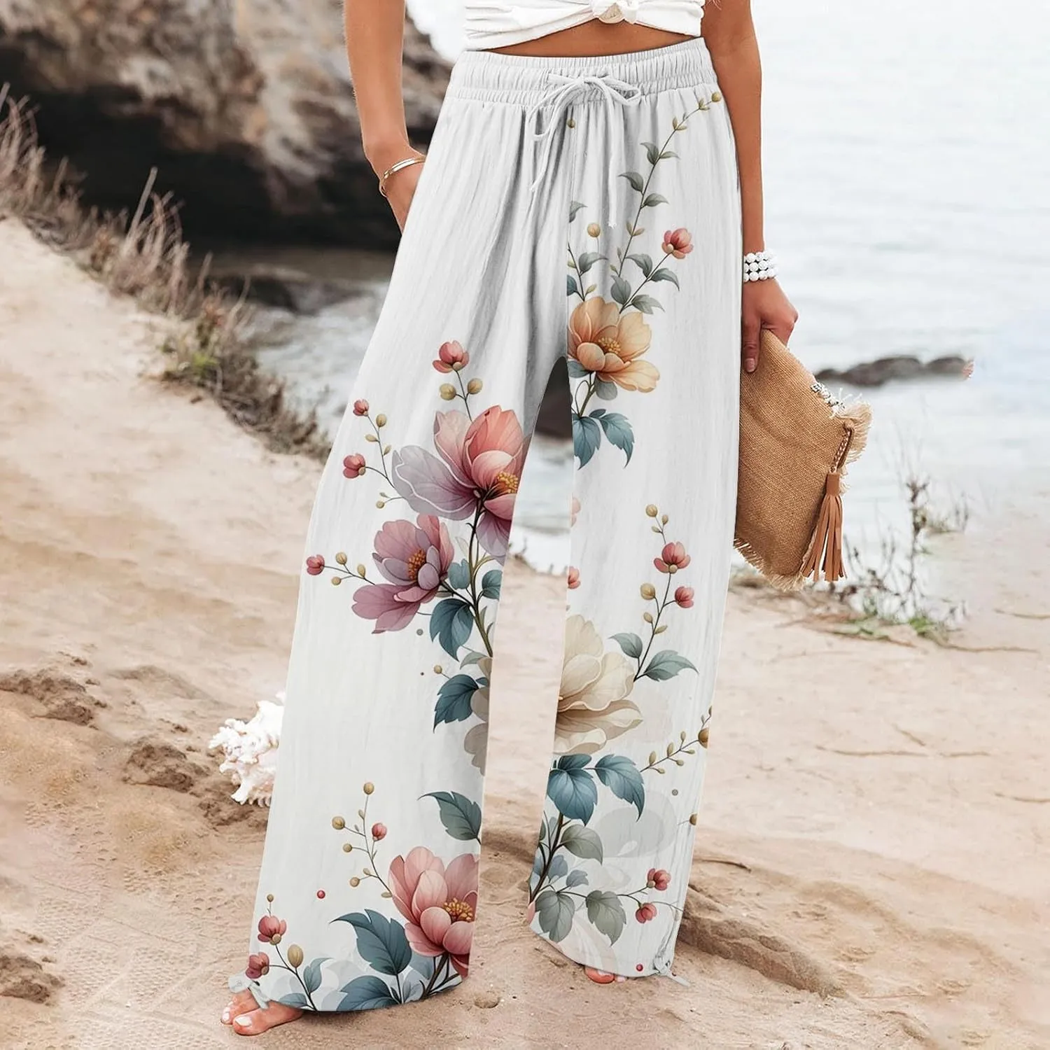 Womens Boho Wide Leg Pants High Waist Summer Casual Loose Fit Palazzo Trousers Floral Beach Vacation Clothes 2025