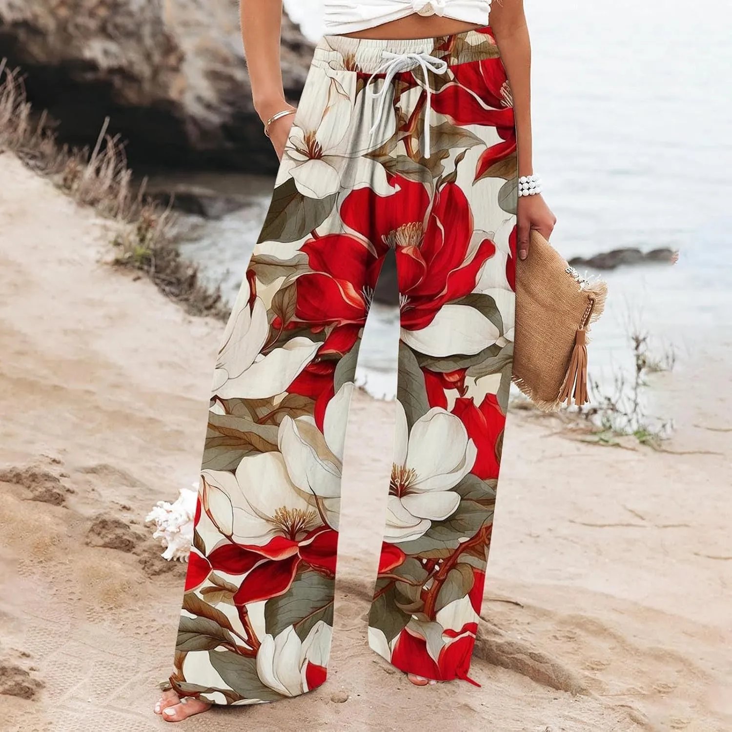 Womens Boho Wide Leg Pants High Waist Summer Casual Loose Fit Palazzo Trousers Floral Beach Vacation Clothes 2025