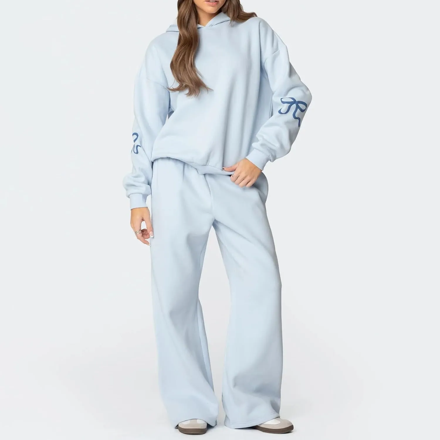 Womens Bow Print Sweat Suit Set 2 Piece Long Sleeve Oversized Hoodie and Sweatpants Set Matching Lounge Tracksuit
