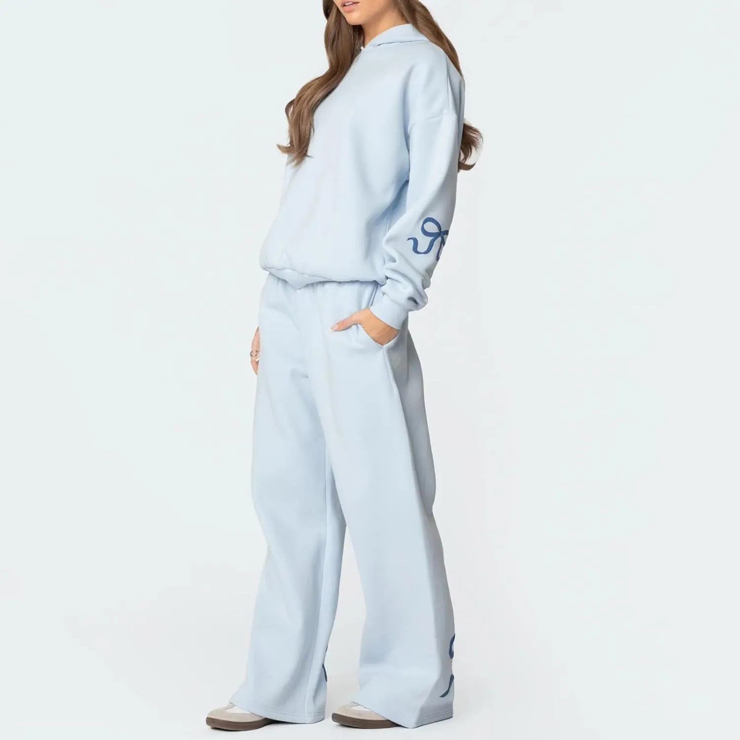 Womens Bow Print Sweat Suit Set 2 Piece Long Sleeve Oversized Hoodie and Sweatpants Set Matching Lounge Tracksuit