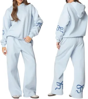 Womens Bow Print Sweat Suit Set 2 Piece Long Sleeve Oversized Hoodie and Sweatpants Set Matching Lounge Tracksuit