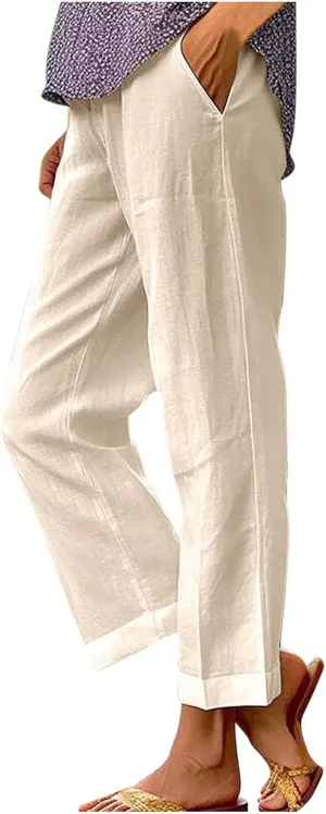 Women's Capri Pants Summer Solid High Waisted Lounge Pants Cropped Cotton Linen Causal Trousers with Pockets