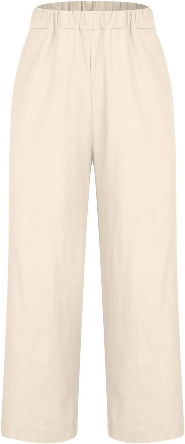 Women's Capri Pants Summer Solid High Waisted Lounge Pants Cropped Cotton Linen Causal Trousers with Pockets