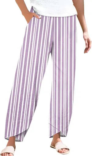 Women's Casual Boho Striped Graphic Cotton Linen High Waisted Cropped Pants Summer Beach Outdoor Trendy Trousers