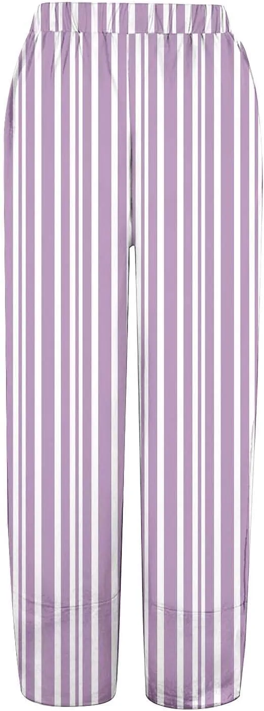 Women's Casual Boho Striped Graphic Cotton Linen High Waisted Cropped Pants Summer Beach Outdoor Trendy Trousers