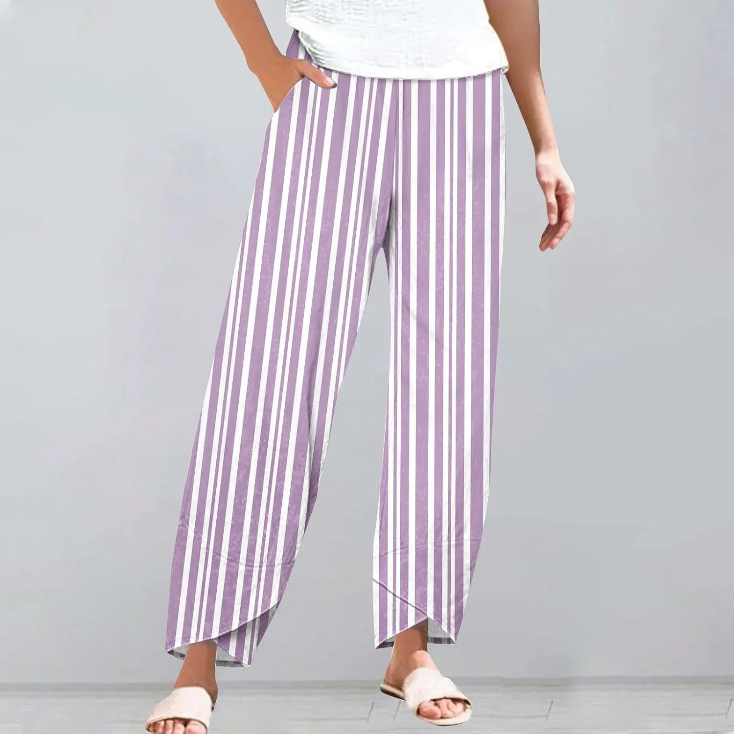 Women's Casual Boho Striped Graphic Cotton Linen High Waisted Cropped Pants Summer Beach Outdoor Trendy Trousers