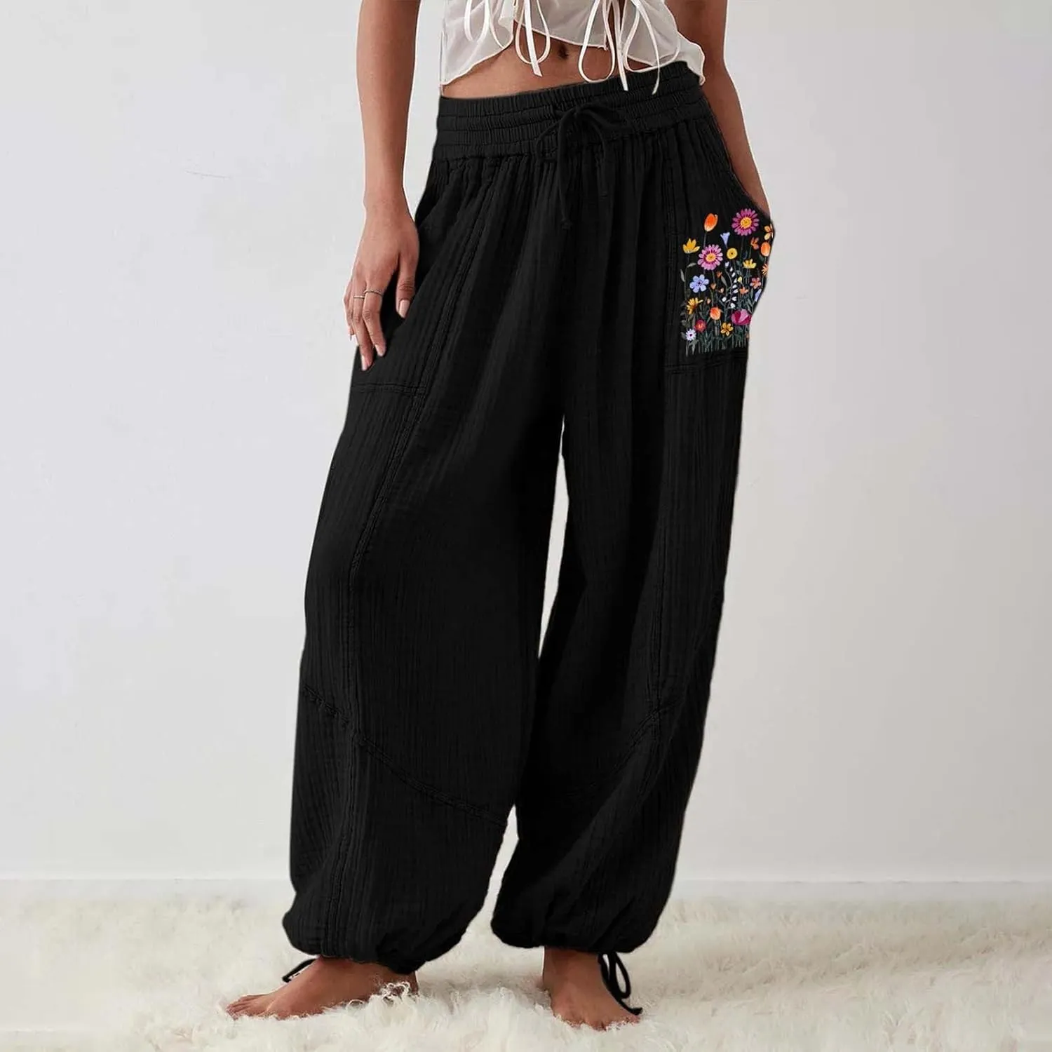 Women's Casual Cotton Linen Baggy Pants with Elastic Waist Summer Relax Loose Fit Comfy Pant Baggy Patchwork Trousers