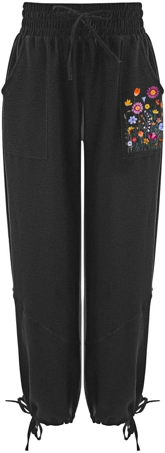 Women's Casual Cotton Linen Baggy Pants with Elastic Waist Summer Relax Loose Fit Comfy Pant Baggy Patchwork Trousers