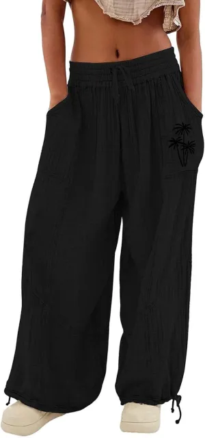 Women's Casual Cotton Linen Baggy Pants with Elastic Waist Summer Relax Loose Fit Comfy Pant Baggy Patchwork Trousers
