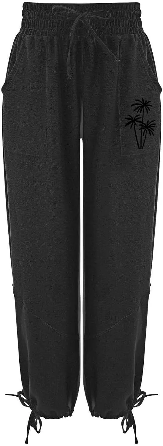Women's Casual Cotton Linen Baggy Pants with Elastic Waist Summer Relax Loose Fit Comfy Pant Baggy Patchwork Trousers