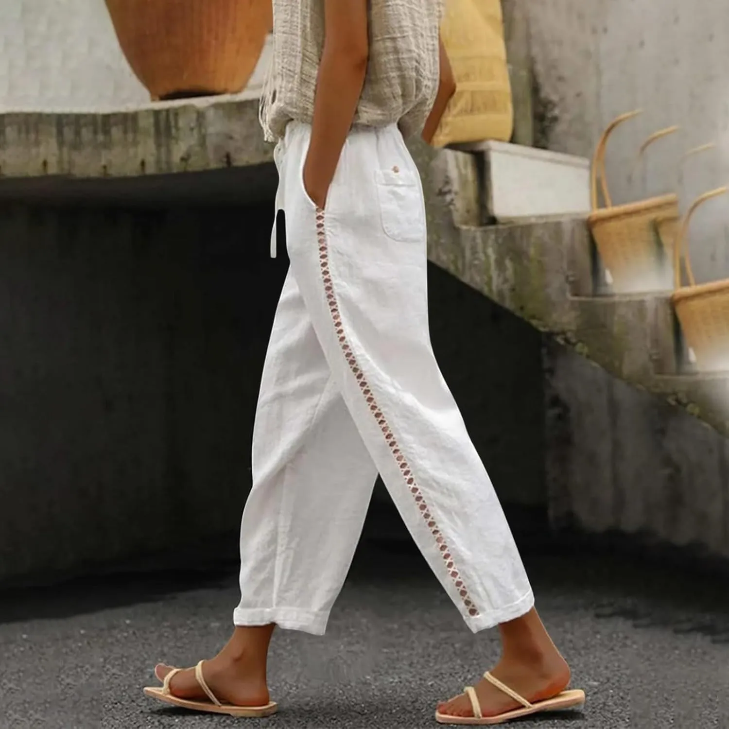 Women's Casual Cotton Linen Pants Capri Elastic Waisted Drawstring Long Trousers with Pocket Summer Spring Beach