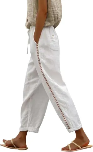Women's Casual Cotton Linen Pants Capri Elastic Waisted Drawstring Long Trousers with Pocket Summer Spring Beach