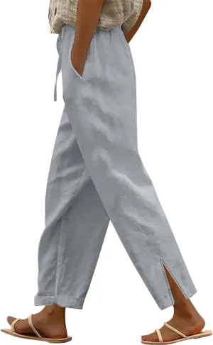 Womens Casual Cotton Linen Pants High Waist Drawstring Loose Fit Summer Spring Straight Leg Trousers with Pockets
