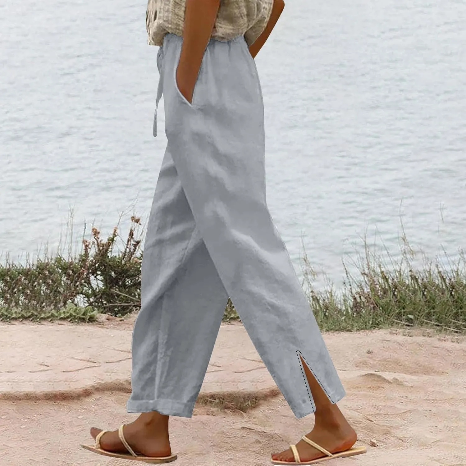 Womens Casual Cotton Linen Pants High Waist Drawstring Loose Fit Summer Spring Straight Leg Trousers with Pockets