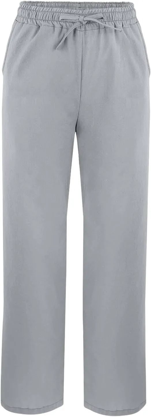 Womens Casual Cotton Linen Pants High Waist Drawstring Loose Fit Summer Spring Straight Leg Trousers with Pockets