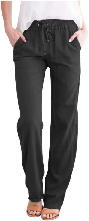 Womens Casual Cotton Linen Pants Lightweight Elastic Waist Pant Summer Lounge Pant Drawstring Trousers with Pockets