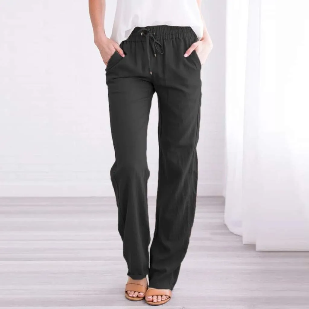 Womens Casual Cotton Linen Pants Lightweight Elastic Waist Pant Summer Lounge Pant Drawstring Trousers with Pockets