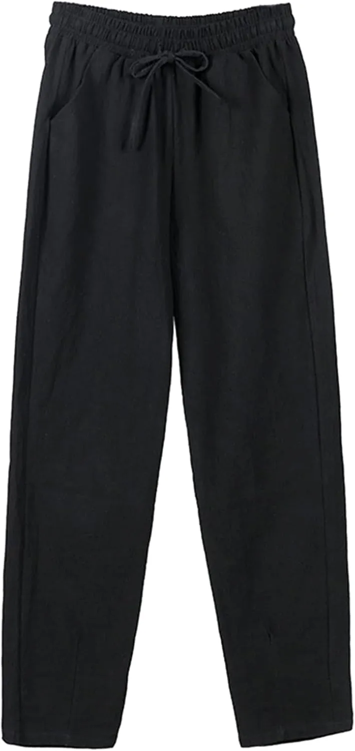 Womens Casual Linen Pants Summer Boho Flowy Pants with Pockets Elastic High Waisted Yoga Pants Lightweight Lounge Trousers