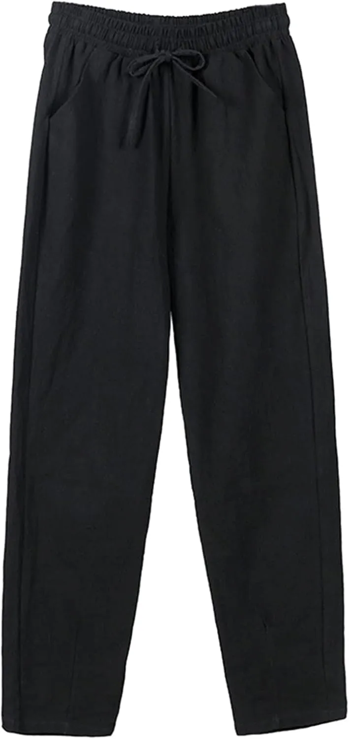 Womens Casual Linen Pants Summer Boho Flowy Pants with Pockets Elastic High Waisted Yoga Pants Lightweight Lounge Trousers