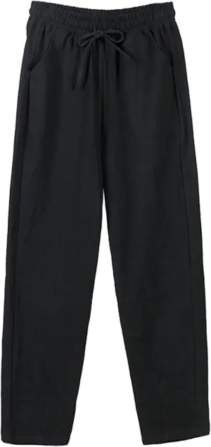 Womens Casual Linen Pants Summer Boho Flowy Pants with Pockets Elastic High Waisted Yoga Pants Lightweight Lounge Trousers