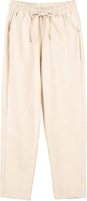 Womens Casual Linen Pants Summer Boho Flowy Pants with Pockets Elastic High Waisted Yoga Pants Lightweight Lounge Trousers