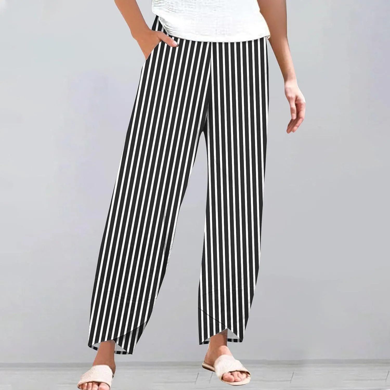 Women's Casual Striped Graphic Cotton Linen High Waisted Cropped Pants Summer Beach Boho Vacation Trendy Trousers