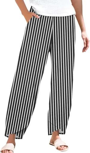 Women's Casual Striped Graphic Cotton Linen High Waisted Cropped Pants Summer Beach Boho Vacation Trendy Trousers