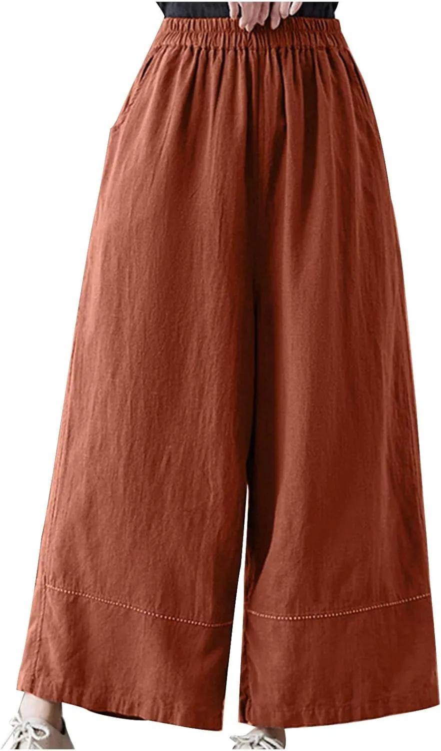 Womens Cotton Linen Palazzo Pants Casual Wide Leg High Waist Trousers Lounge Slacks with Pockets Summer Beach Clothes