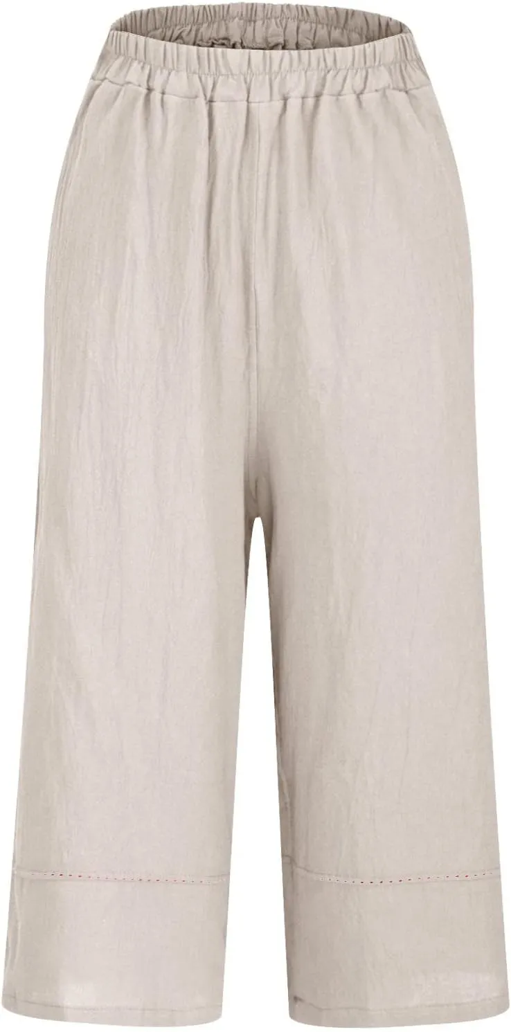 Womens Cotton Linen Palazzo Pants Casual Wide Leg High Waist Trousers Lounge Slacks with Pockets Summer Beach Clothes