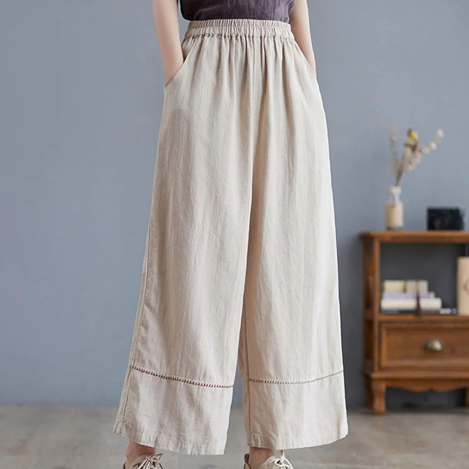Womens Cotton Linen Palazzo Pants Casual Wide Leg High Waist Trousers Lounge Slacks with Pockets Summer Beach Clothes