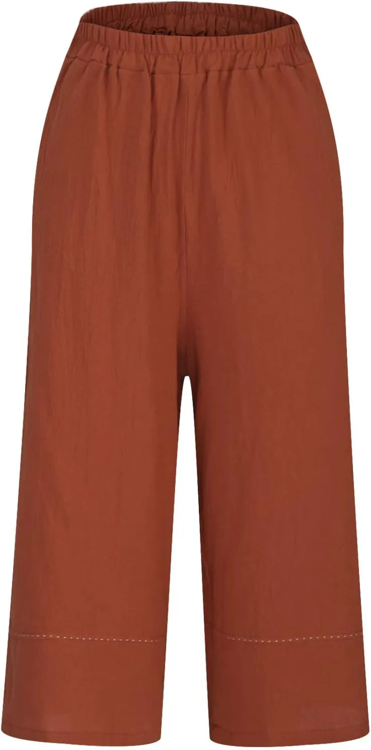 Womens Cotton Linen Palazzo Pants Casual Wide Leg High Waist Trousers Lounge Slacks with Pockets Summer Beach Clothes