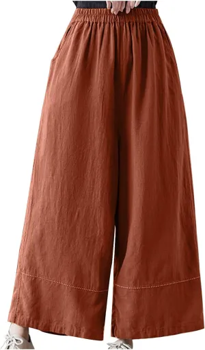 Womens Cotton Linen Palazzo Pants Casual Wide Leg High Waist Trousers Lounge Slacks with Pockets Summer Beach Clothes