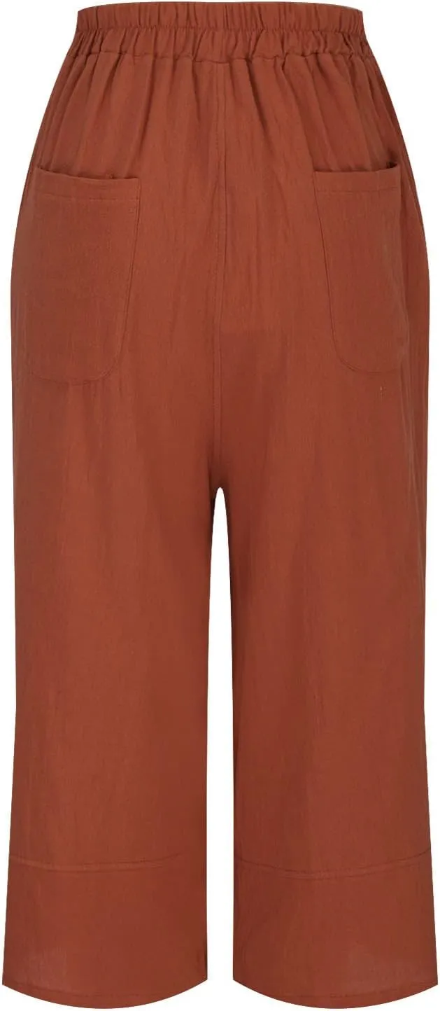 Womens Cotton Linen Palazzo Pants Casual Wide Leg High Waist Trousers Lounge Slacks with Pockets Summer Beach Clothes