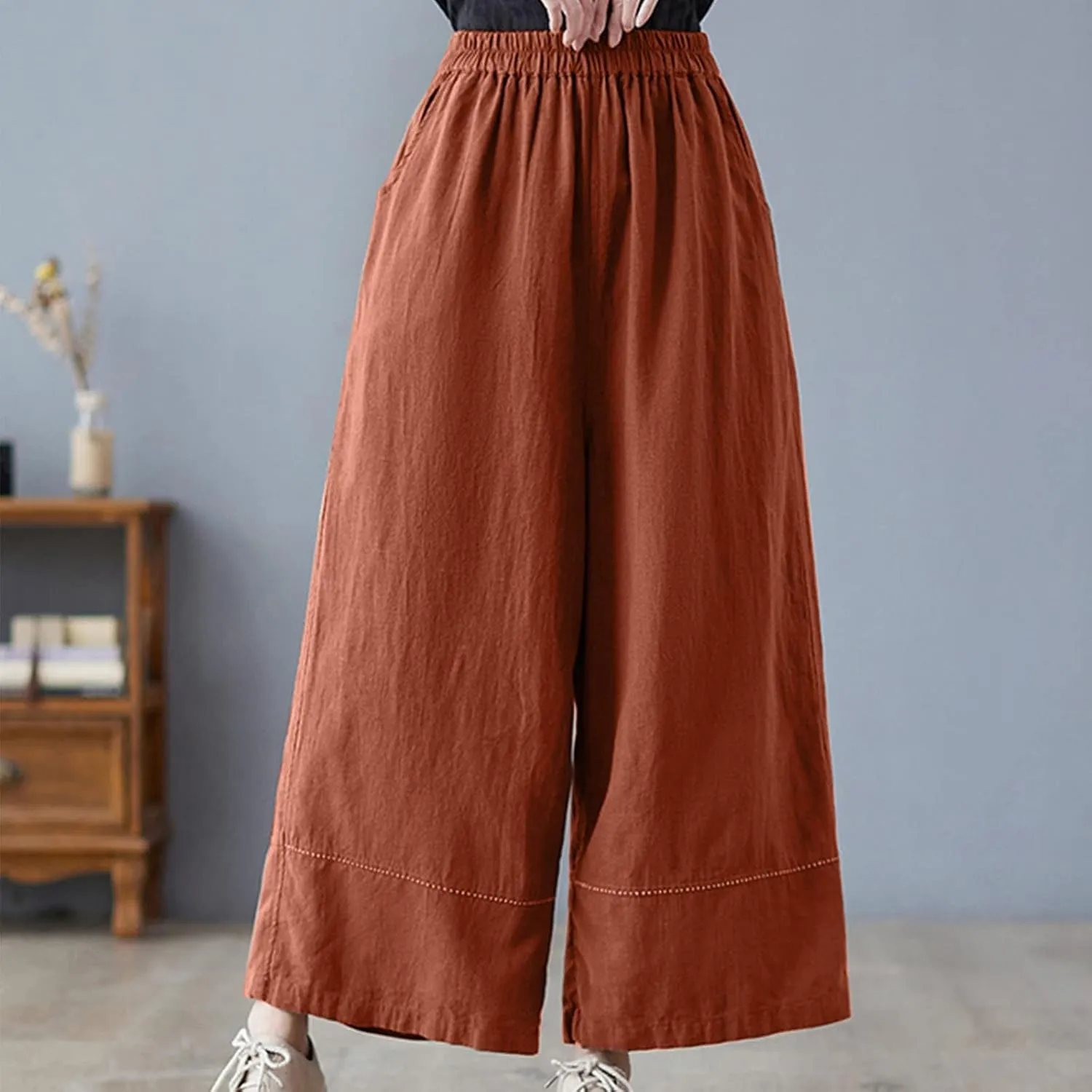 Womens Cotton Linen Palazzo Pants Casual Wide Leg High Waist Trousers Lounge Slacks with Pockets Summer Beach Clothes