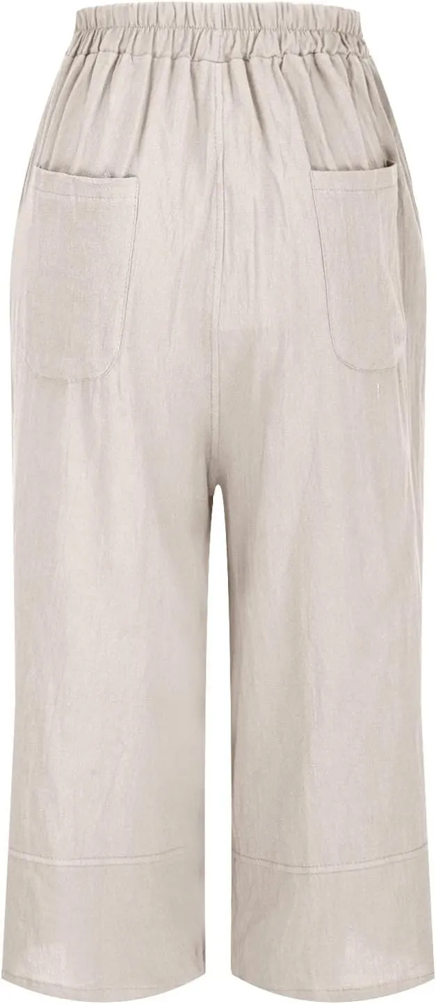 Womens Cotton Linen Palazzo Pants Casual Wide Leg High Waist Trousers Lounge Slacks with Pockets Summer Beach Clothes