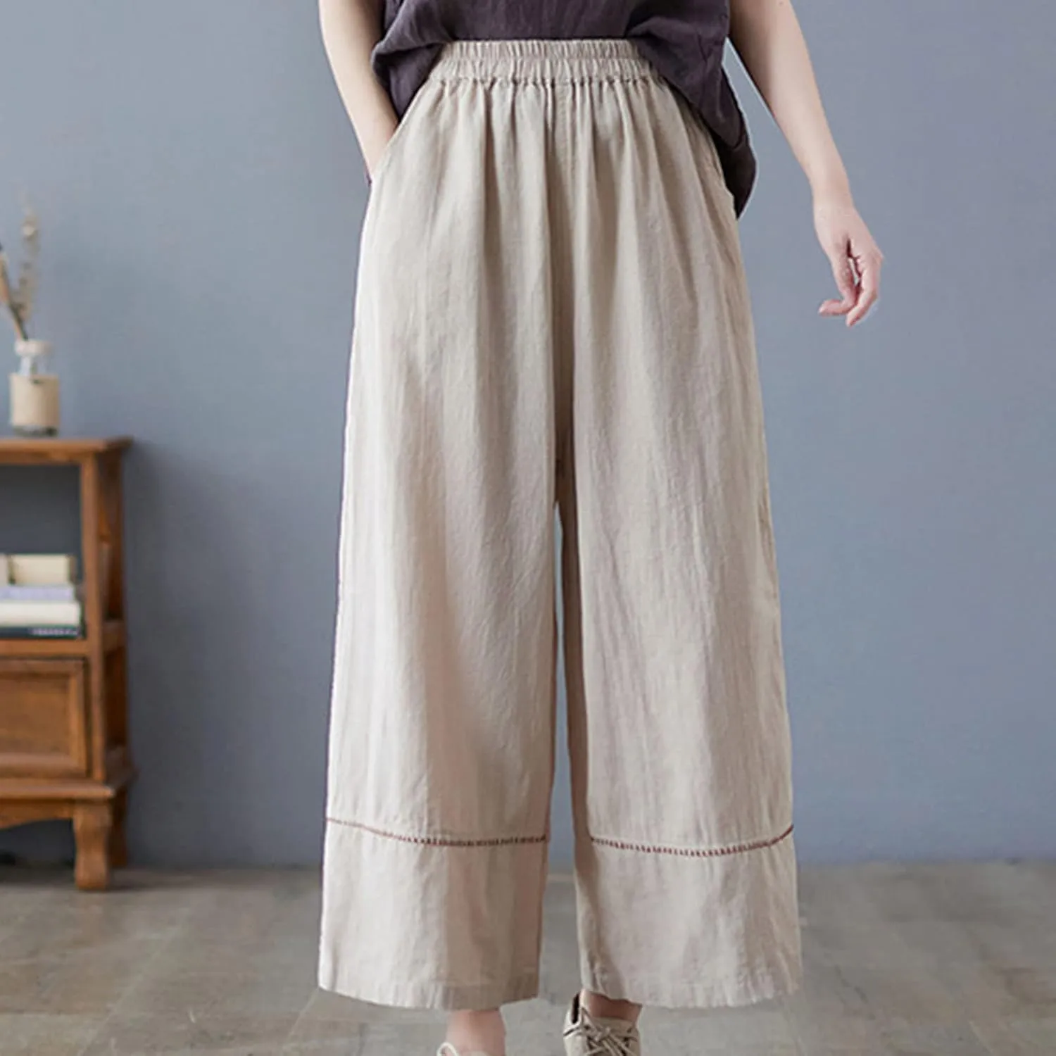 Womens Cotton Linen Palazzo Pants Casual Wide Leg High Waist Trousers Lounge Slacks with Pockets Summer Beach Clothes