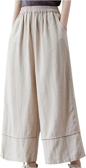 Womens Cotton Linen Palazzo Pants Casual Wide Leg High Waist Trousers Lounge Slacks with Pockets Summer Beach Clothes