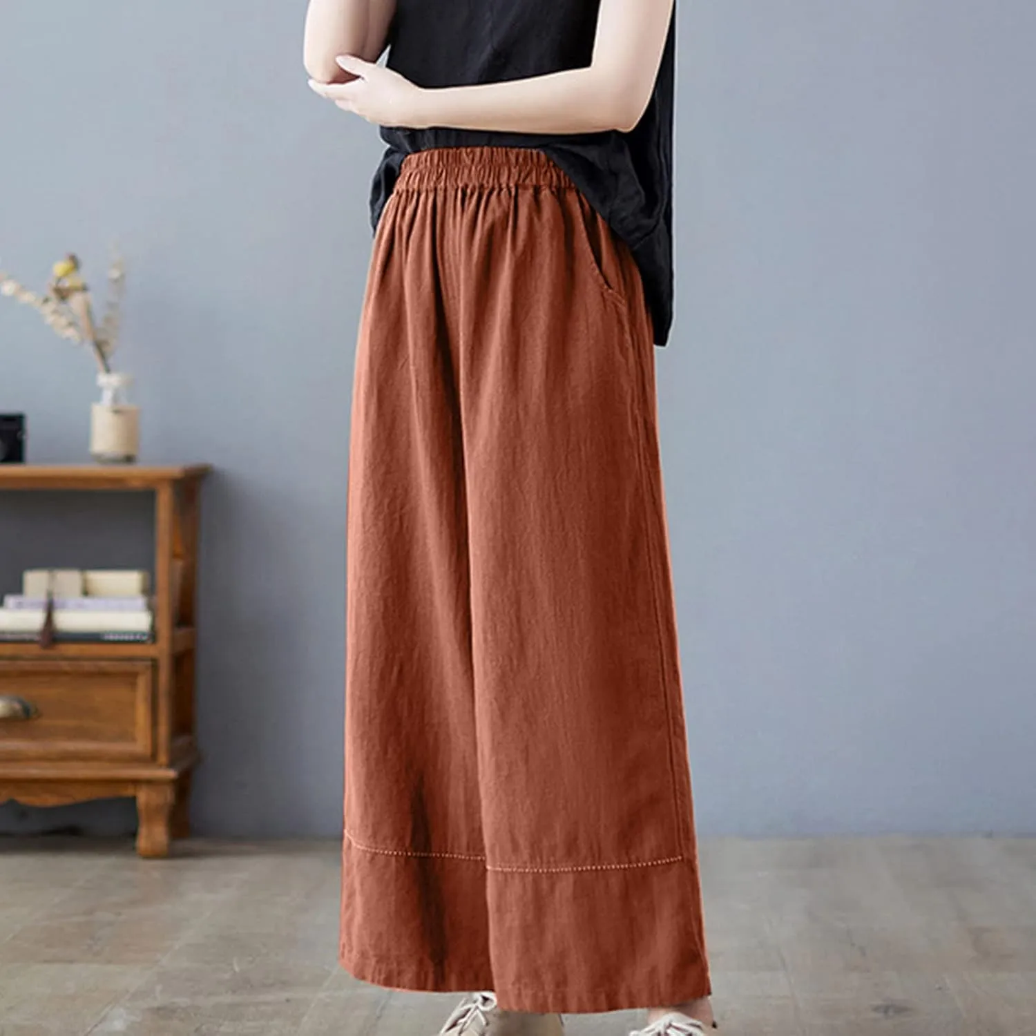 Womens Cotton Linen Palazzo Pants Casual Wide Leg High Waist Trousers Lounge Slacks with Pockets Summer Beach Clothes