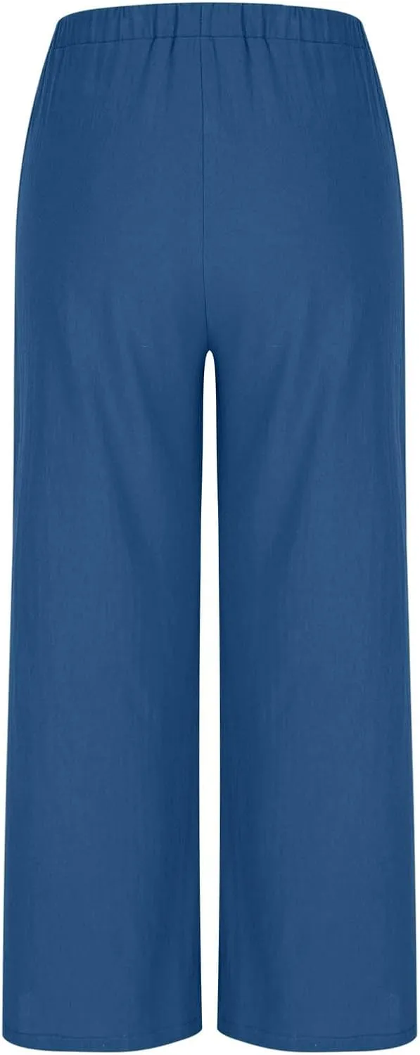 Womens Cotton Linen Palazzo Pants Drawstring Elastic High Waist Casual Wide Leg Trousers Summer Bech Slacks