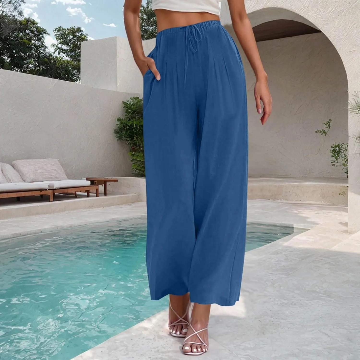 Womens Cotton Linen Palazzo Pants Drawstring Elastic High Waist Casual Wide Leg Trousers Summer Bech Slacks