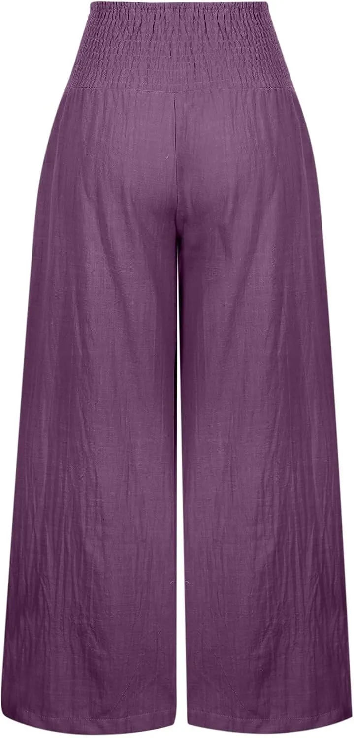 Womens Cotton Linen Palazzo Pants Loose Elastic High Waist Trousers Wide Leg Beach Pant Solid Vacation Casual Outfits