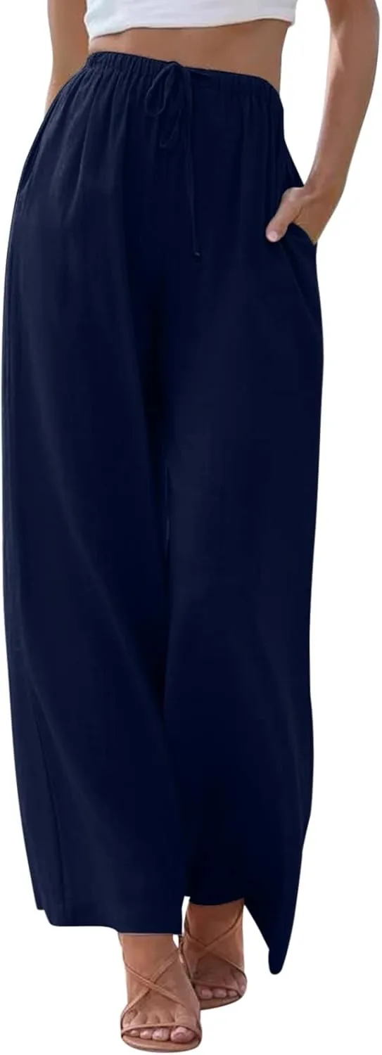 Womens Cotton Linen Palazzo Pants Wide Leg Lightweight Casual Flowy Trousers Summer Beach Vacation Boho Baggy Slacks