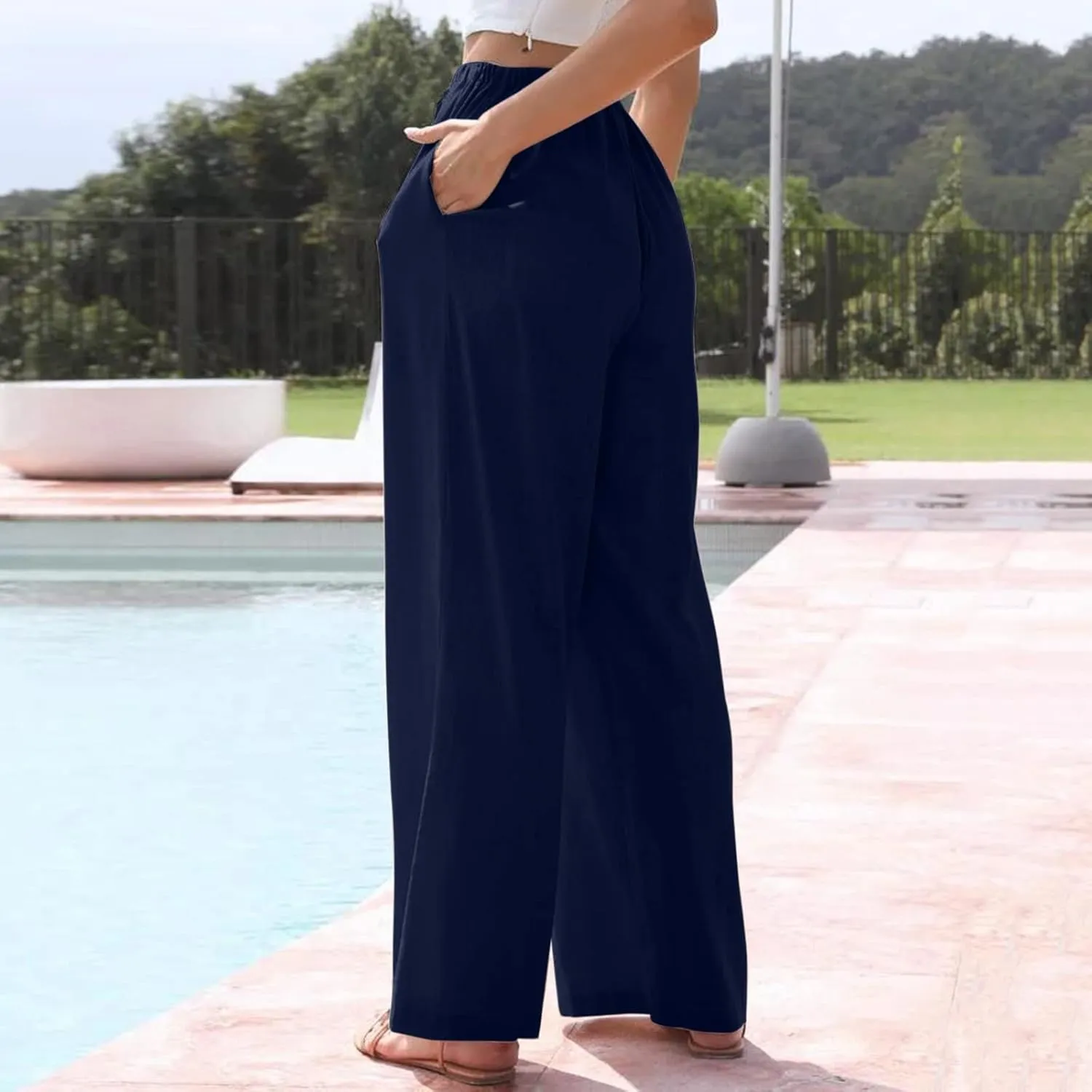 Womens Cotton Linen Palazzo Pants Wide Leg Lightweight Casual Flowy Trousers Summer Beach Vacation Boho Baggy Slacks