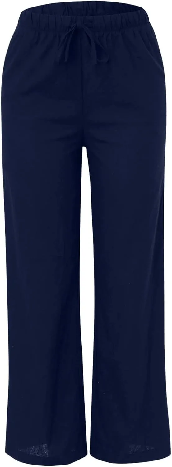 Womens Cotton Linen Palazzo Pants Wide Leg Lightweight Casual Flowy Trousers Summer Beach Vacation Boho Baggy Slacks