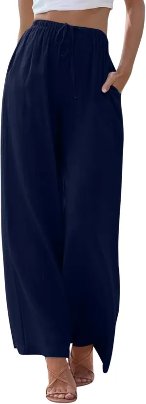 Womens Cotton Linen Palazzo Pants Wide Leg Lightweight Casual Flowy Trousers Summer Beach Vacation Boho Baggy Slacks