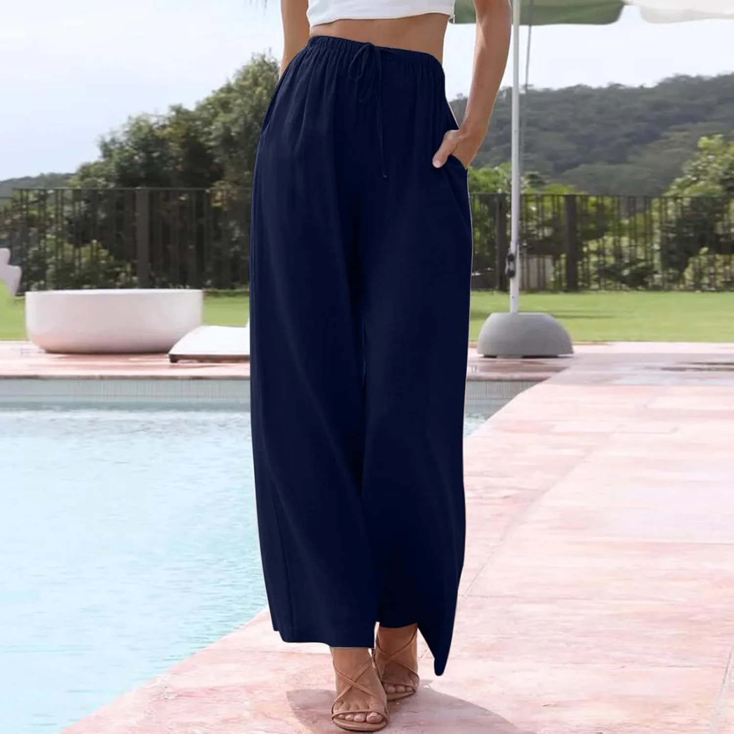 Womens Cotton Linen Palazzo Pants Wide Leg Lightweight Casual Flowy Trousers Summer Beach Vacation Boho Baggy Slacks